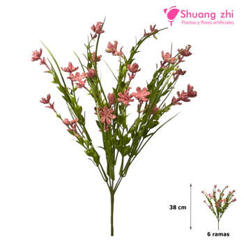 Flor Ramo Verde 38CM 6 Ramas con Polvo Rosa