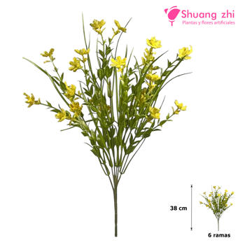 Flor Ramo Verde 38CM 6 Ramas con Polvo Amarillo