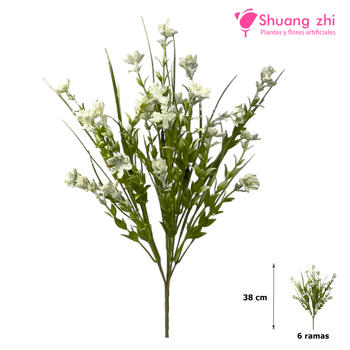 Flor Ramo Verde 38CM 6 Ramas con Polvo Blanco