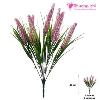 Flor Ramo Verde 40CM 7 Ramas con Polvo Rosa