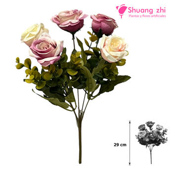 Flor mini Rosa con Eucalipto 29CM Color Lila Beige