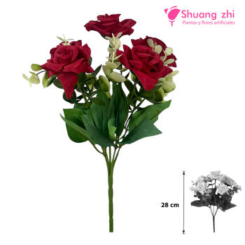 Flor mini Rosa con Eucalipto 28CM Color Rojo