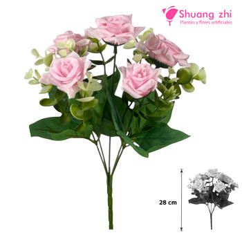 Flor mini Rosa con Eucalipto 28CM Color Rosa