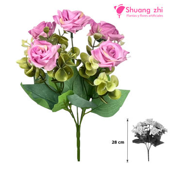 Flor mini Rosa con Eucalipto 28CM Color Rosa