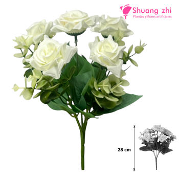 Flor mini Rosa con Eucalipto 28CM Color Blanco