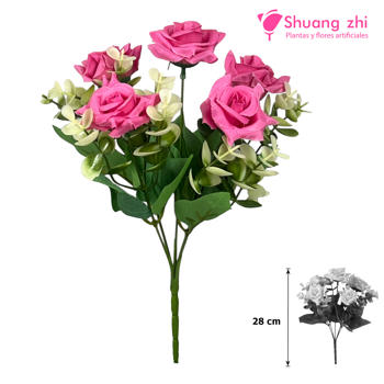 Flor mini Rosa con Eucalipto 28CM Color Fucsia