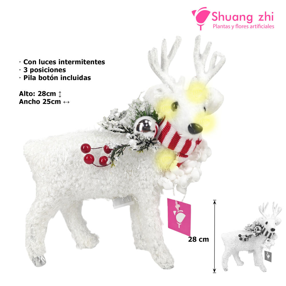 Muñeco Reno Blanco Nieve 28CM alto  25CM ancho con luces