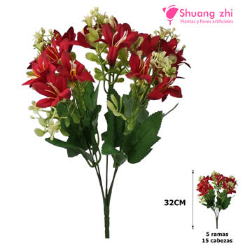 Flor mini 32CM 5 Ramas 15 Cabezas Color Rojo