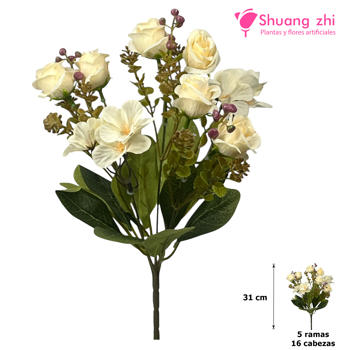 Flor mini 31CM 5 Ramas 16 Cabezas Color Beige