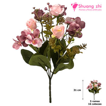 Flor mini 31CM 5 Ramas 16 Cabezas Color Rosa/Lila