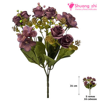 Flor mini 31CM 5 Ramas 16 Cabezas Color Lila