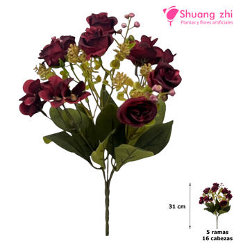Flor mini 31CM 5 Ramas 16 Cabezas Color Morado