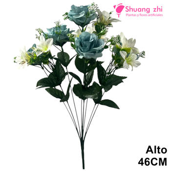 Ramo Santos de Rosas y Lirios Blanco Azul - Alto 46 cm