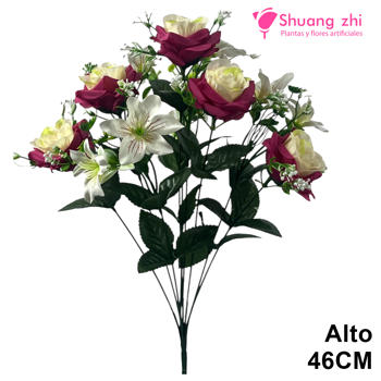 Ramo Santos de Rosas y Lirios Blanco Morado - Alto 46 cm