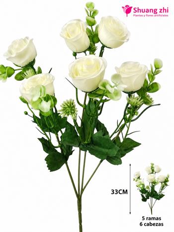 Flor mini rosa 33CM 5 Ramas 6 Flores Color Beige