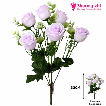 Flor mini rosa 33CM 5 Ramas 6 Flores Color Lila
