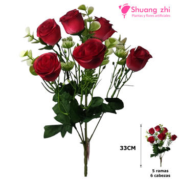 Flor mini rosa 33CM 5 Ramas 6 Flores Color Rojo