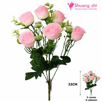 Flor mini rosa 33CM 5 Ramas 6 Flores Color Rosa