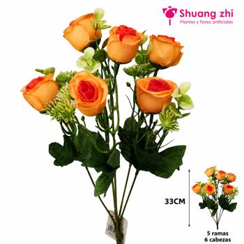 Flor mini rosa 33CM 5 Ramas 6 Flores Color Naranja