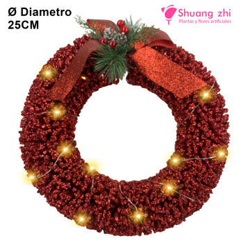 Corona Navideña Roja con Luces LED y Lazo Decorativo – 25 cm