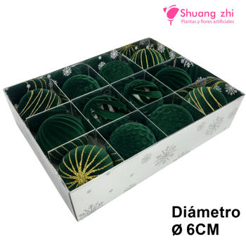 Bola de Navidad Caja 12 PCS Terciopelo Verde 6CM Surtido
