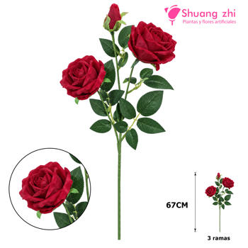 Flor rosa larga 67CM 3 cabezas Rojo