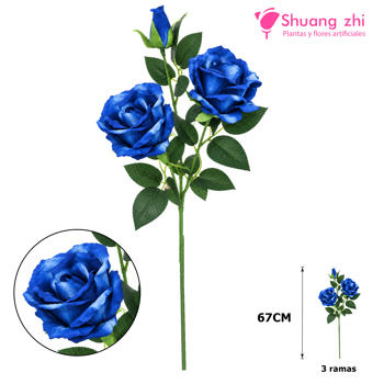 Flor rosa larga 67CM 3 cabezas Azul